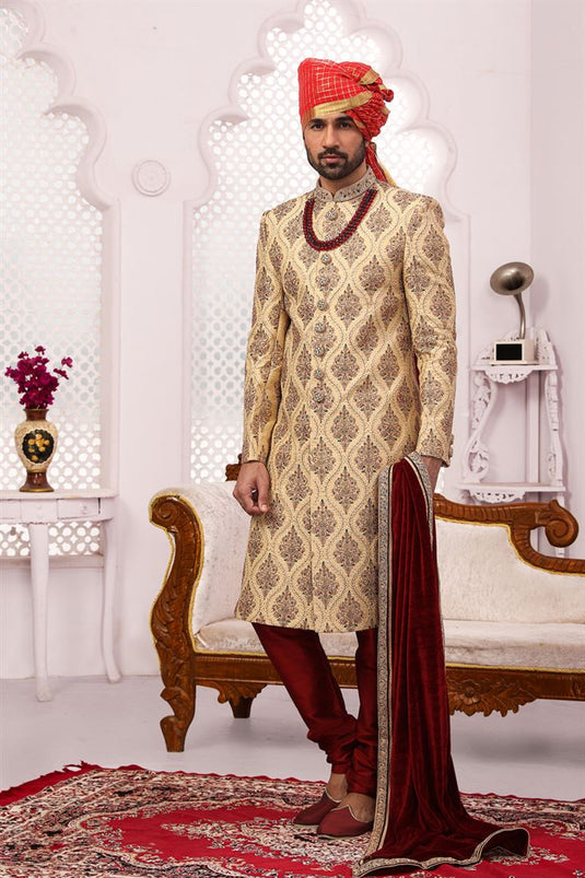 Graceful Beige Color Banarasi Silk Fabric Designer Groom Sherwani For Men