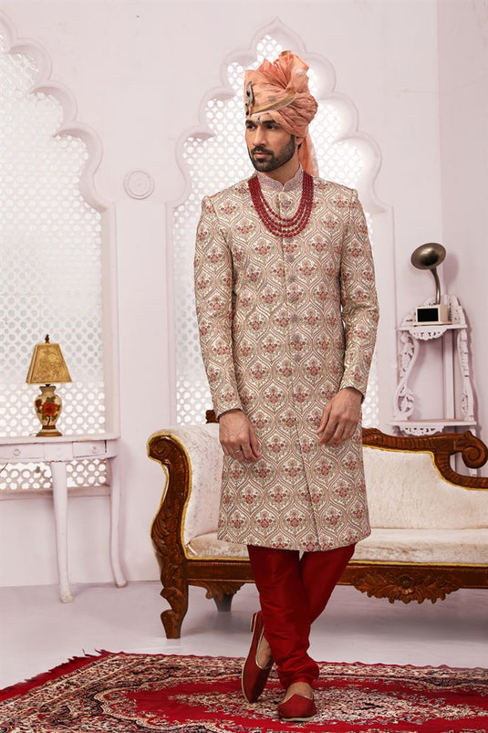 Magnificent Cream Color Banarasi Silk Fabric Designer Groom Sherwani For Men