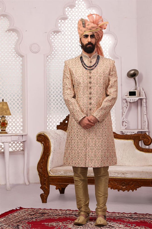 Artistic Peach Color Banarasi Silk Fabric Designer Groom Sherwani For Men