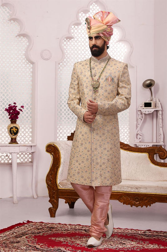 Captivating Beige Color Banarasi Silk Fabric Designer Groom Sherwani For Men