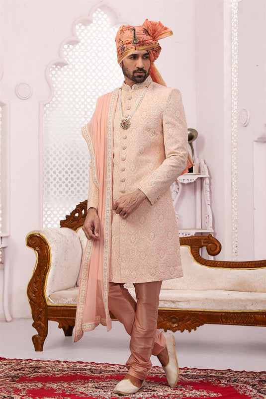 Gorgeous Peach Color Georgette Fabric Designer Groom Sherwani For Men