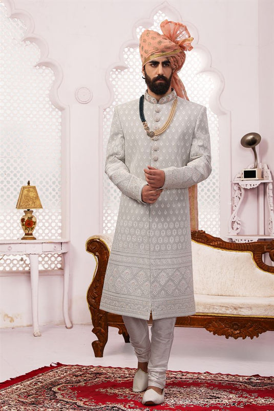 Striking Grey Color Georgette Fabric Designer Groom Sherwani For Men