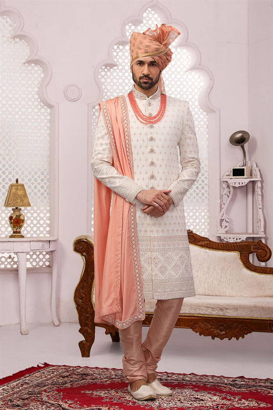 Stunning White Color Georgette Fabric Designer Groom Sherwani For Men