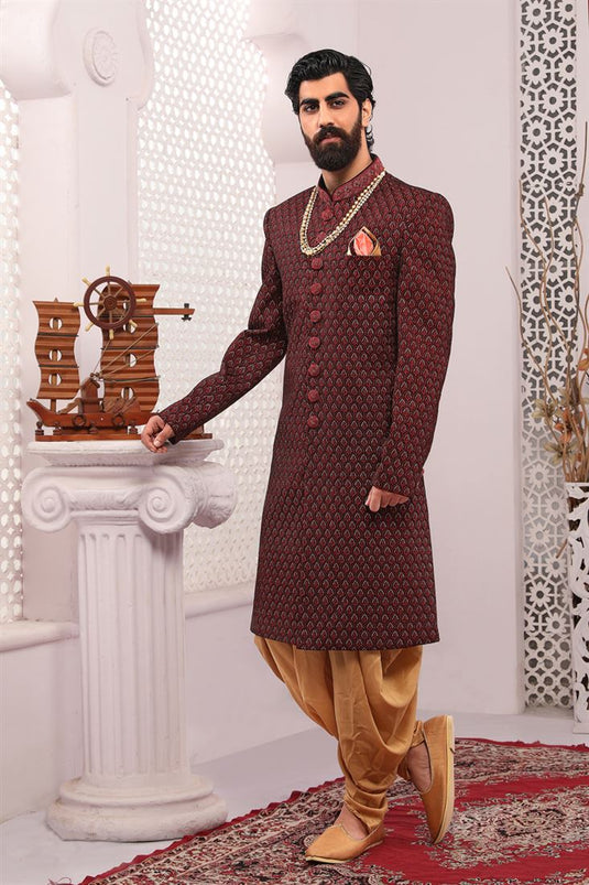 Appealing Maroon Color Velvet Fabric Embroidered Work Wedding Function Readymade Trendy Indo Western For Men