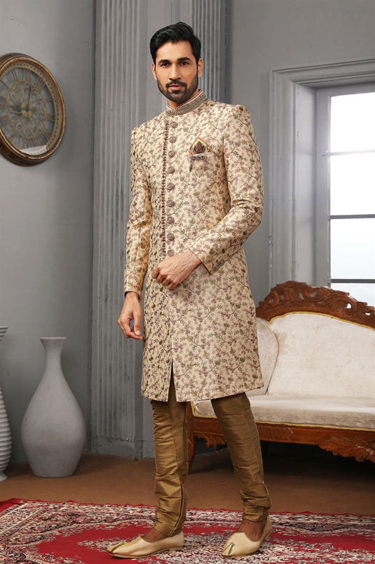 Gorgeous Beige Color Banarasi Silk Fabric Embroidered Work Wedding Function Readymade Designer Indo Western For Men