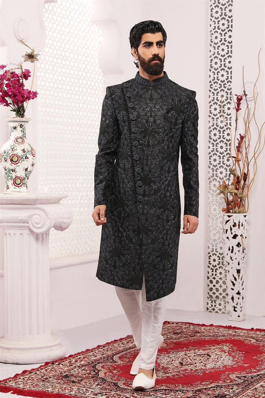 Stunning Black Color Fancy Fabric Embroidered Work Wedding Function Readymade Trendy Indo Western For Men
