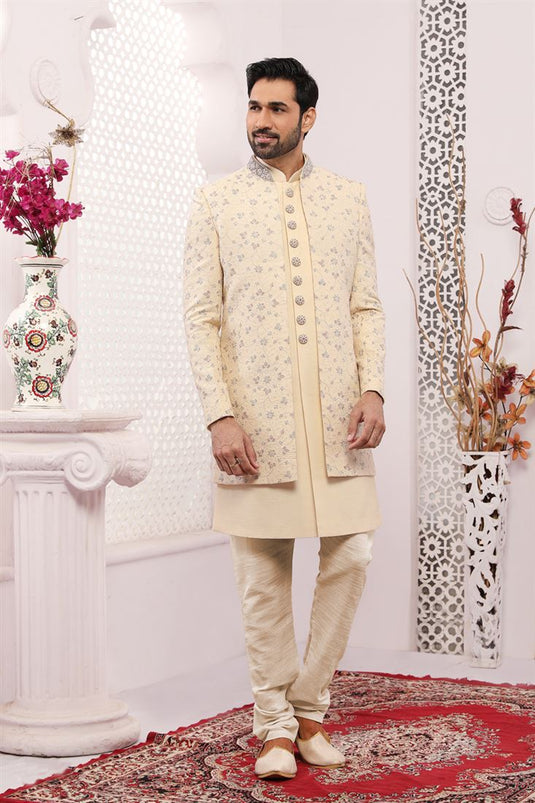 Enriching Beige Color Banarasi Silk Fabric Embroidered Work Wedding Function Readymade Stylish Indo Western For Men