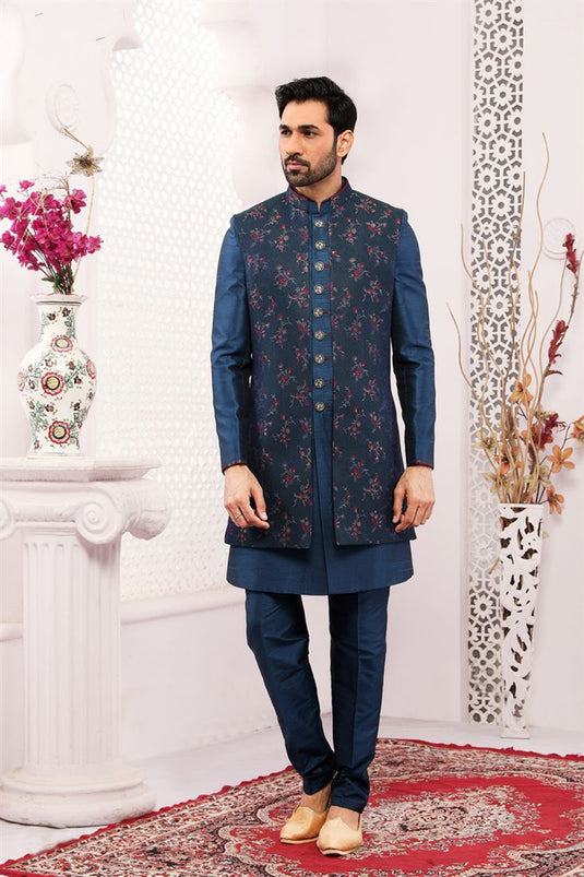 Splendiferous Navy Blue Color Jacquard Silk Fabric Embroidered Work Wedding Function Readymade Trendy Indo Western For Men