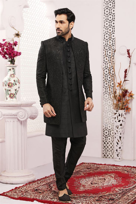 Fascinate Black Color Banarasi Silk Fabric Embroidered Work Wedding Function Readymade Stylish Indo Western For Men