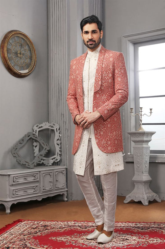 Graceful Pink Color Fancy Fabric Embroidered Work Wedding Function Readymade Stylish Indo Western For Men