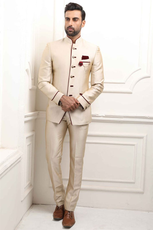 Magnificent Wedding Wear Fancy Fabric Cream Color Jodhpuri Suit
