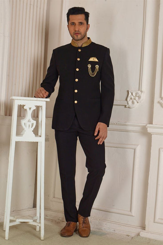 Exclusiv Black Color Fancy Fabric Luxurious Jodhpuri Suit In Wedding Wear