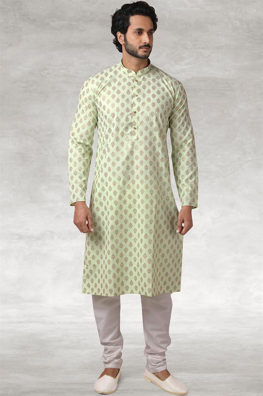 Bewitching Printed Work Cotton Fabric Sea Green Color Function Wear Kurta Pyjama