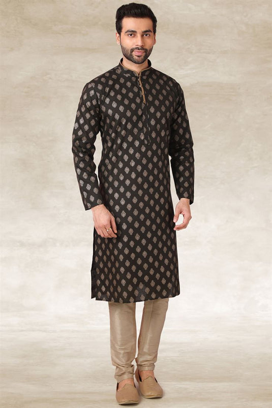 Black Color Function Wear Printed Kurta Pyjama In Charming Cotton Fabric