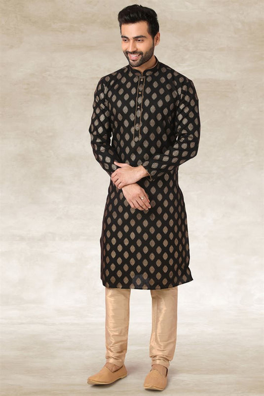 Cotton Fabric Black Color Function Wear Designer Kurta Pyjama With Printed Work