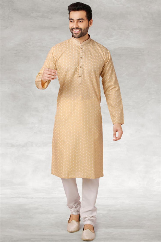Beige Color Function Wear Kurta Pyjama With Printed Work Soothing Cotton Fabric