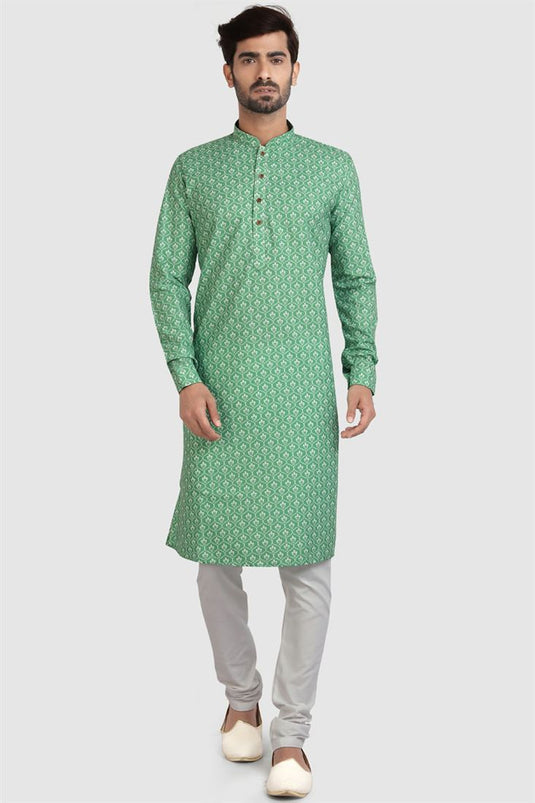 Classic Cotton Fabric Sea Green Color Kurta Pyjama In Festival Wear