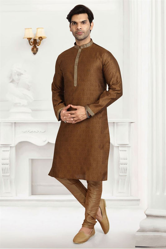 Classic Function Wear Jaqurd Silk Fabric Brown Color Kurta Pyjama