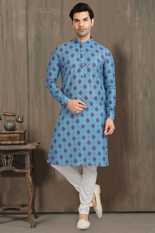 Attractive Cotton Fabric Light Cyan Color Printed Kurta Pyjama In Sangeet Wear