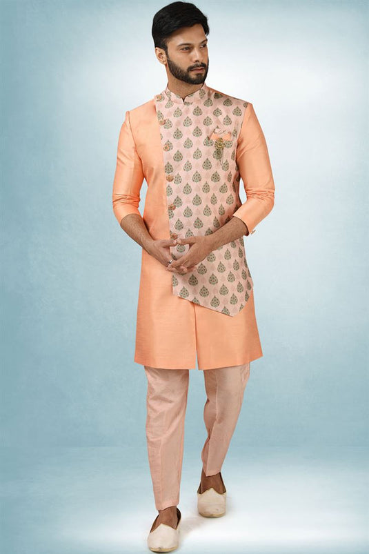 Peach Color Reception Wear Printed Work Indo Western For Men In Art Silk Fabric