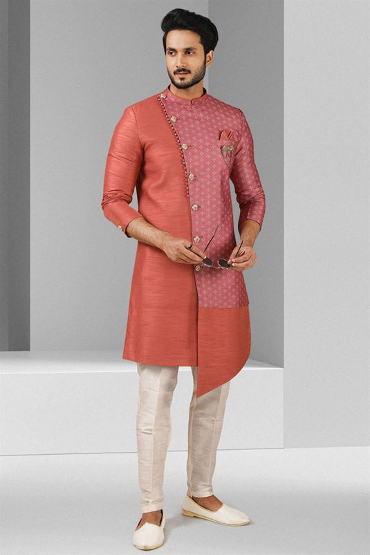 Rust Color Reception Wear Indo Western For Men In Art Silk Fabric