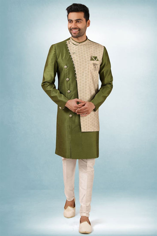 Art Silk Fabric Mehendi Green Color Wedding Wear Printed Indo Western For Men