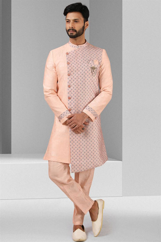 Pink Color Art Silk Fabric Wedding Wear Indo Western For Men