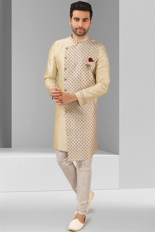 Art Silk Fabric Reception Wear Indo Western For Men In Cream Color