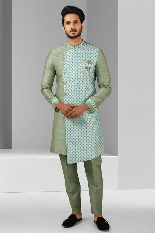 Art Silk Fabric Khaki Color Wedding Wear Printed Indo Western For Men