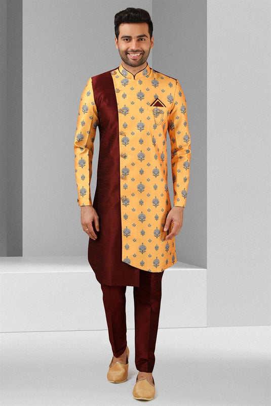 Reception Wear Art Silk Fabric Maroon Color Printed Indo Western For Men