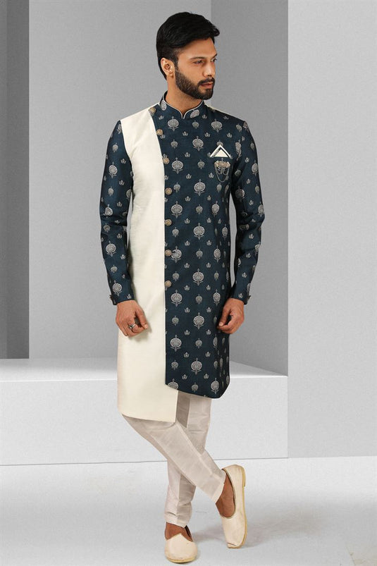 Art Silk Fabric Cream Color Reception Wear Indo Western For Men