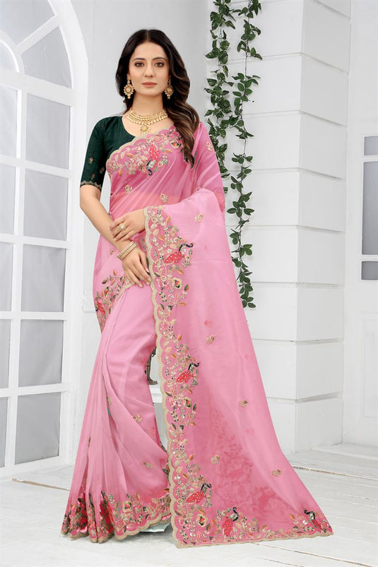 Pink Color Net Fabric Embroidered Party Wear Classic Saree