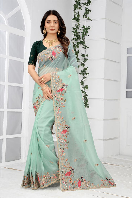 Dazzling Net Fabric Embroidered Light Cyan Function Wear Saree