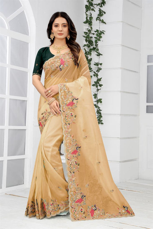 Amazing Embroidered Chikoo Party Wear Net Fabric Saree
