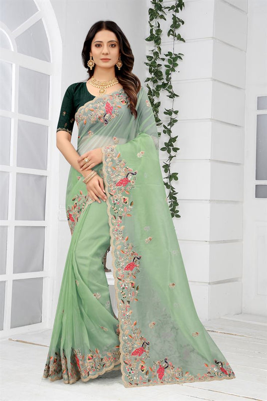 Pretty Sea Green Net Fabric Embroidered Festive Wear Saree