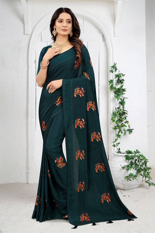 Teal Embroidered Chinon Fabric Party Wear Designer Saree