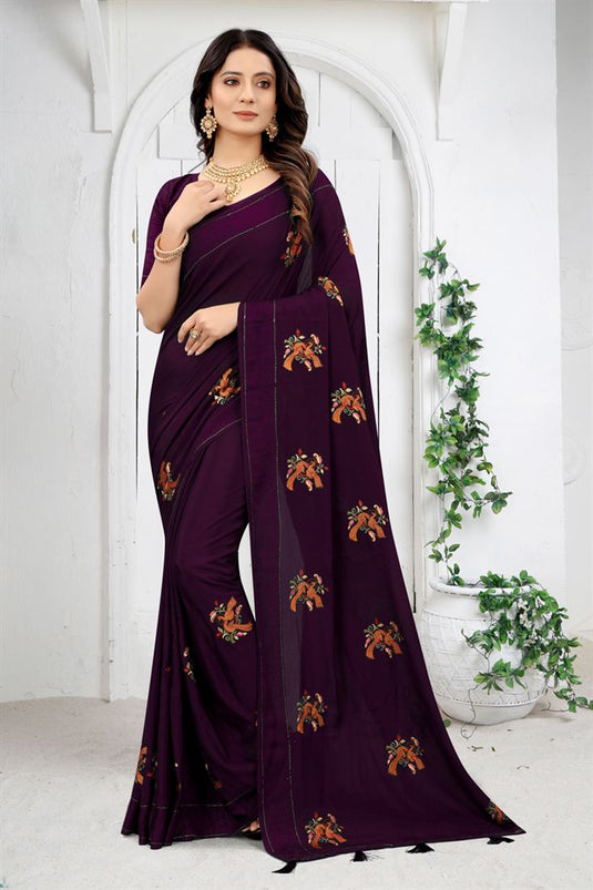 Purple Chinon Fabric Function Wear Designer Saree
