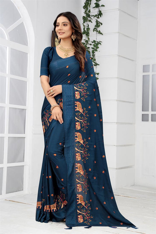 Appealing Navy Blue Embroidered Chinon Fabric Saree