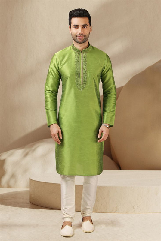 Lovely Green Color Banarasi Art Silk Fabric Sangeet Wear Readymade Kurta Pyjama For Men