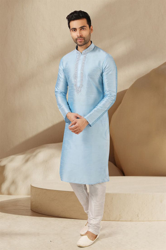 Beautiful Sky Blue Color Banarasi Art Silk Fabric Reception Wear Readymade Kurta Pyjama For Men