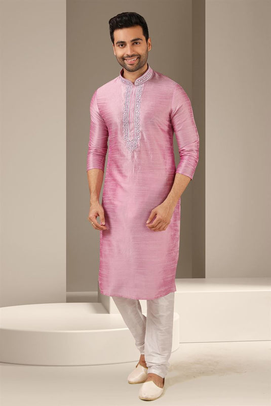 Attractive Pink Color Banarasi Art Silk Fabric Function Wear Readymade Kurta Pyjama For Men