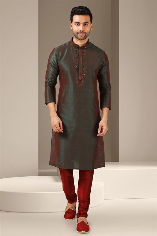Enriching Maroon Color Banarasi Art Silk Fabric Festive Wear Readymade Kurta Pyjama For Men
