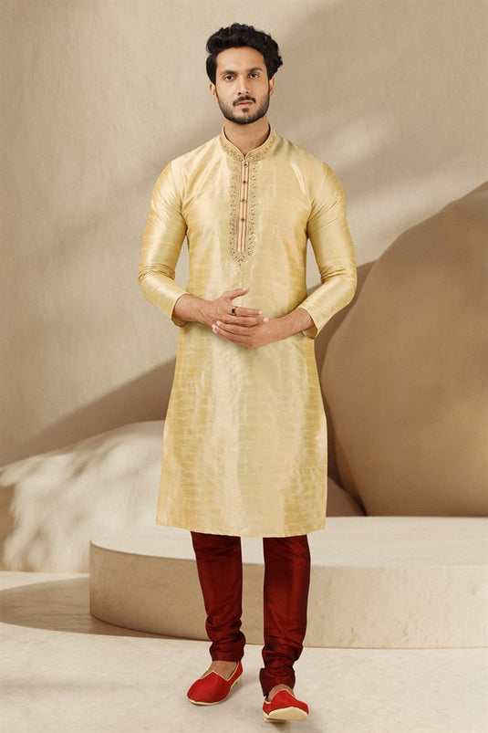 Splendiferous Beige Color Banarasi Art Silk Fabric Sangeet Wear Readymade Kurta Pyjama For Men