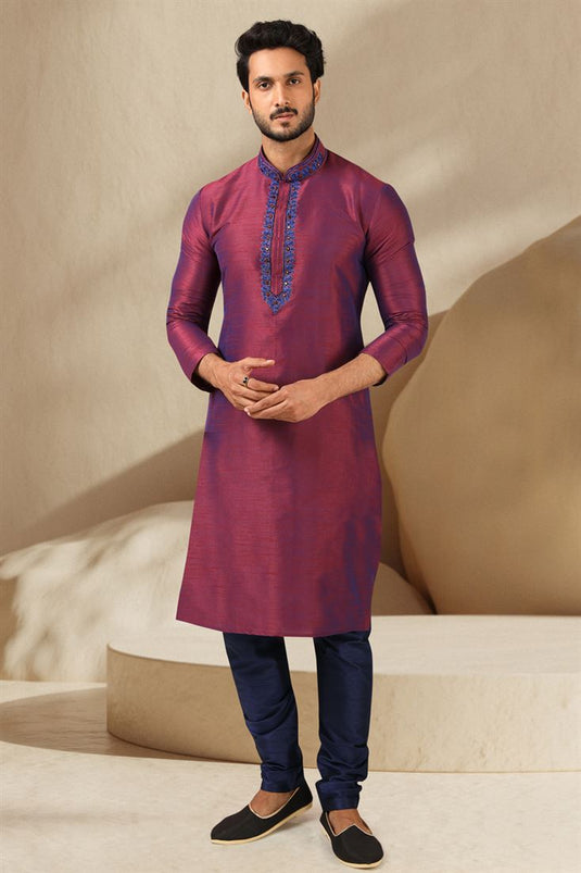 Majestic Magenta Color Banarasi Art Silk Fabric Wedding Wear Readymade Kurta Pyjama For Men