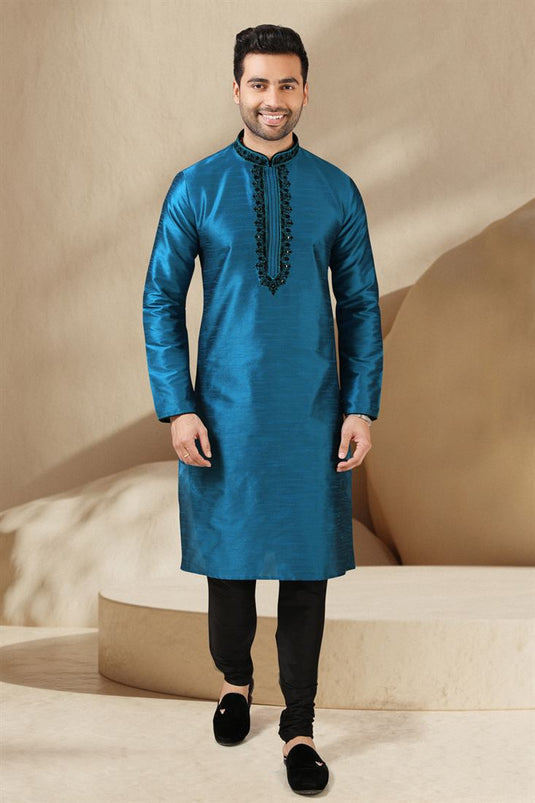 Alluring Cyan Color Banarasi Art Silk Fabric Festive Wear Readymade Kurta Pyjama For Men