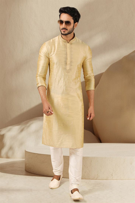 Beige Color Banarasi Art Silk Fabric Festive Wear Stylish Readymade Kurta Pyjama For Men