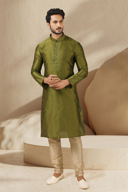Engaging Green Color Banarasi Art Silk Fabric Function Wear Readymade Kurta Pyjama For Men