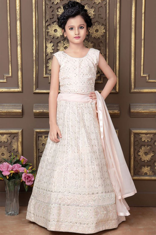 Trendy Sequins Work Sangeet Wear Georgette Fabric Readymade Kids Lehenga In Pink Color