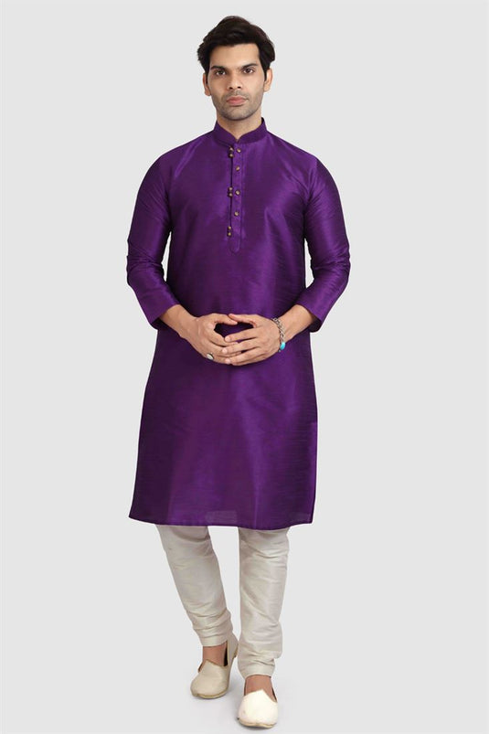 Captivating Purple Color Art Silk Fabric Readymade Kurta Pyjama For Men