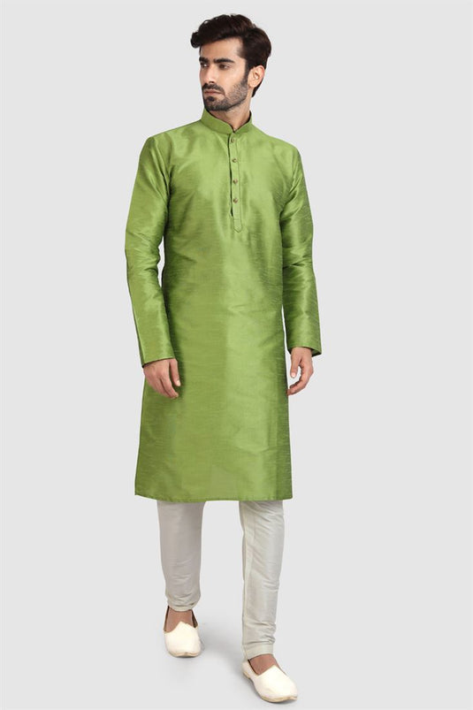 Majestic Green Color Art Silk Fabric Readymade Kurta Pyjama For Men